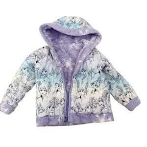 Disney Frozen Reversible Puffer Jacket Purple Anna Elsa Sherpa Kids 4T